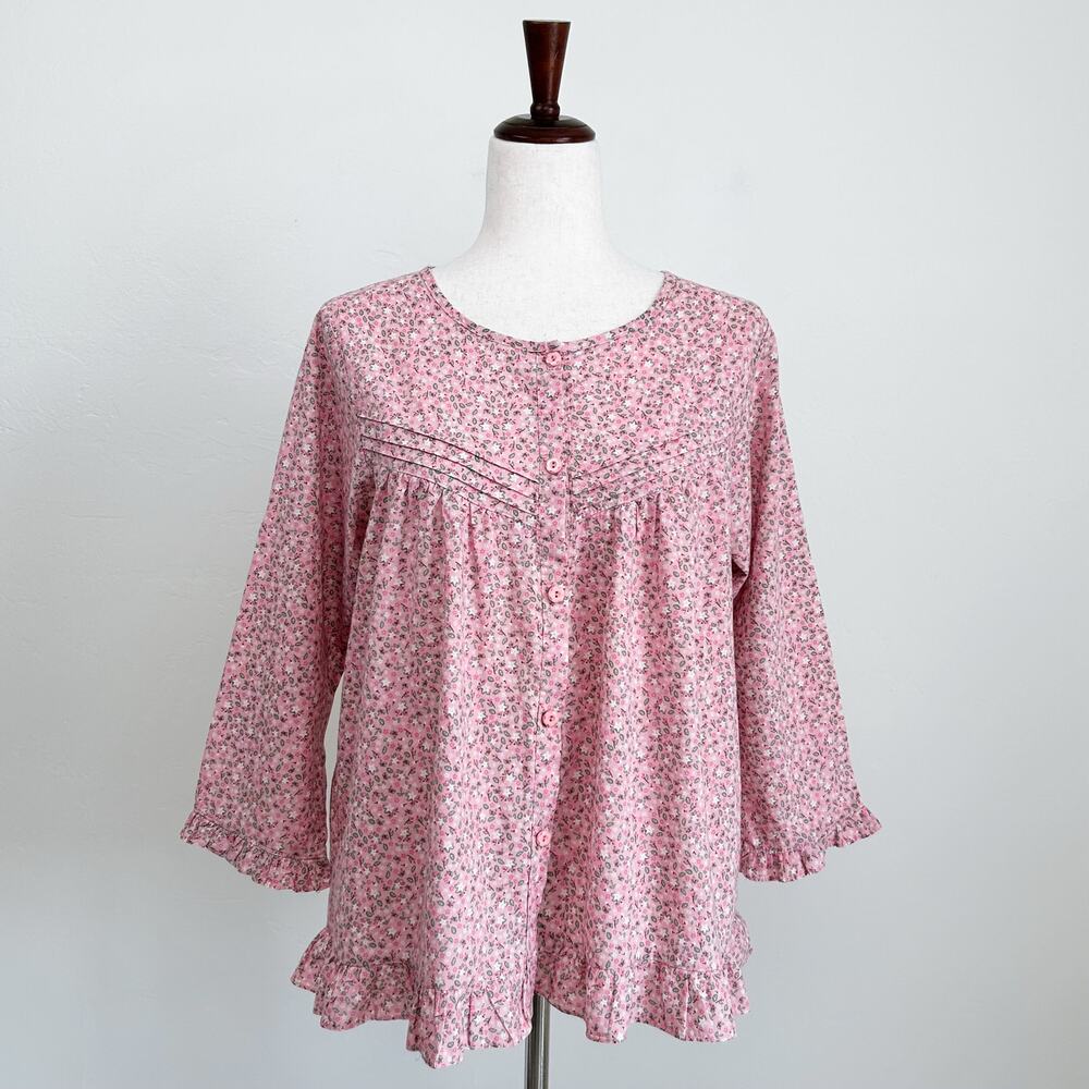 Apple Korean Pink Floral Girly Cottagecore Prairie Cotton Ruffle Blouse MEDIUM